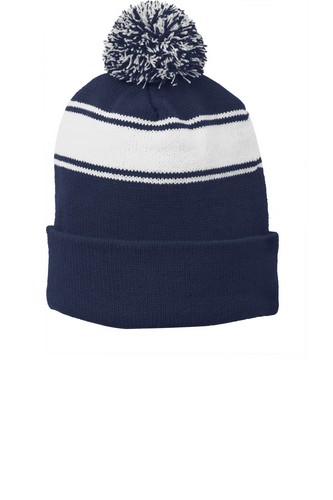 Custom Embroidered  Sport-Tek Stripe Pom Pom Beanie - STC28 